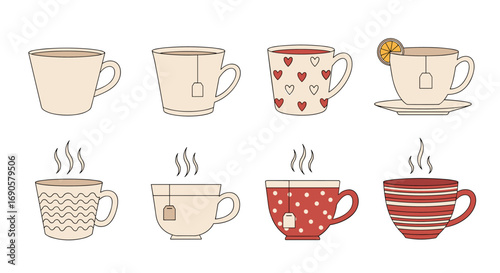 Collection of cozy beverage mugs filled with warm drinks and steam rising gently