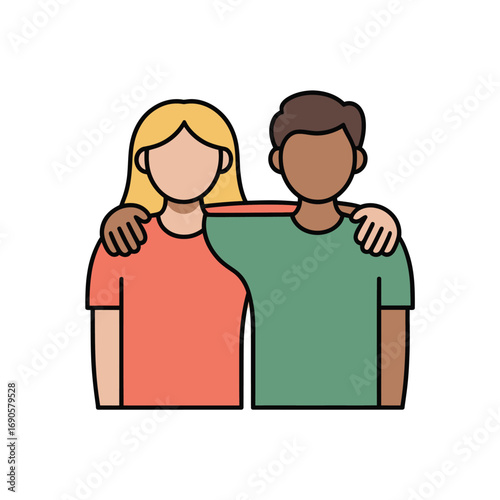 Cartoon illustration of two friends with arms around each other on a white background