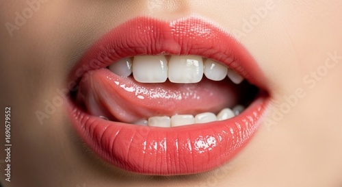 Closeup of Lips with Glossy Coral Lipstick and Tongue