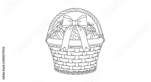 A decorative woven easter basket filled with gifts and tied with a large ribbon bow