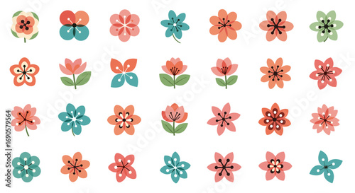 Collection of thirty beautifully illustrated stylized floral icons representing spring's gentle arrival