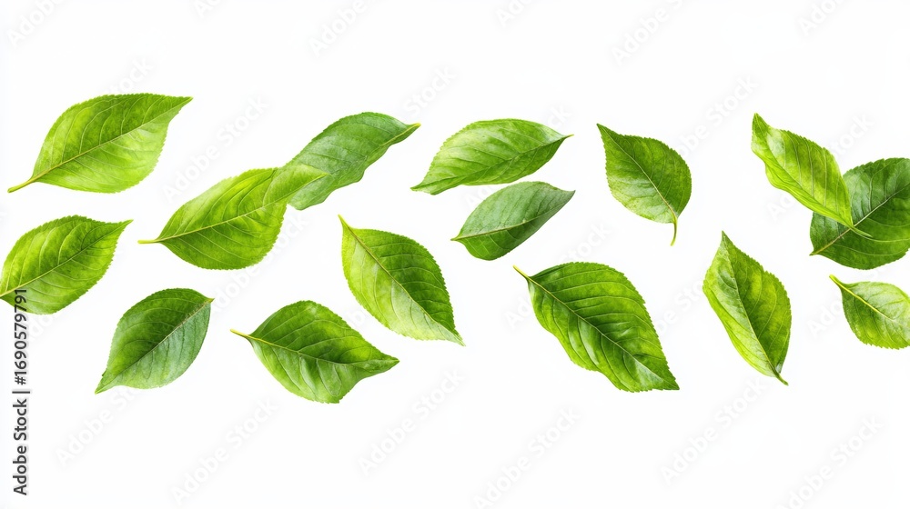 Fototapeta premium A vibrant collection of fresh, green leaves scattered against a stark white backdrop, creating a lively and natural design element
