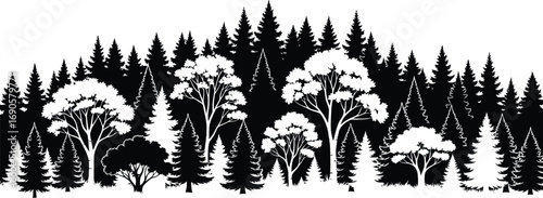 Dense monochrome forest with various tree types, nature illustration