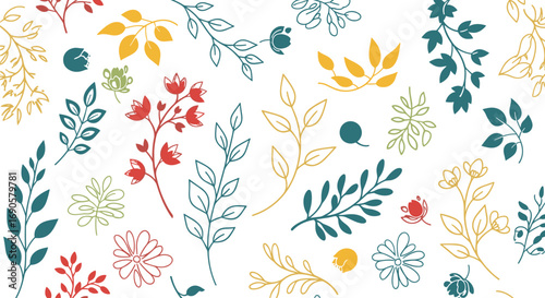 Delicate botanical illustration featuring hand drawn floral elements and foliage in various autumnal hues on a white background