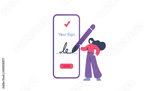 Concept of an electronic signature and digital document management. Woman signing a contract online using a mobile application and a large stylus pen