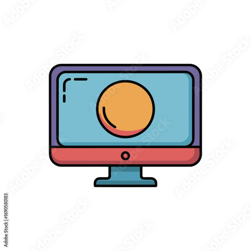 Computer monitor with a large orange circle on a light blue screen on white background