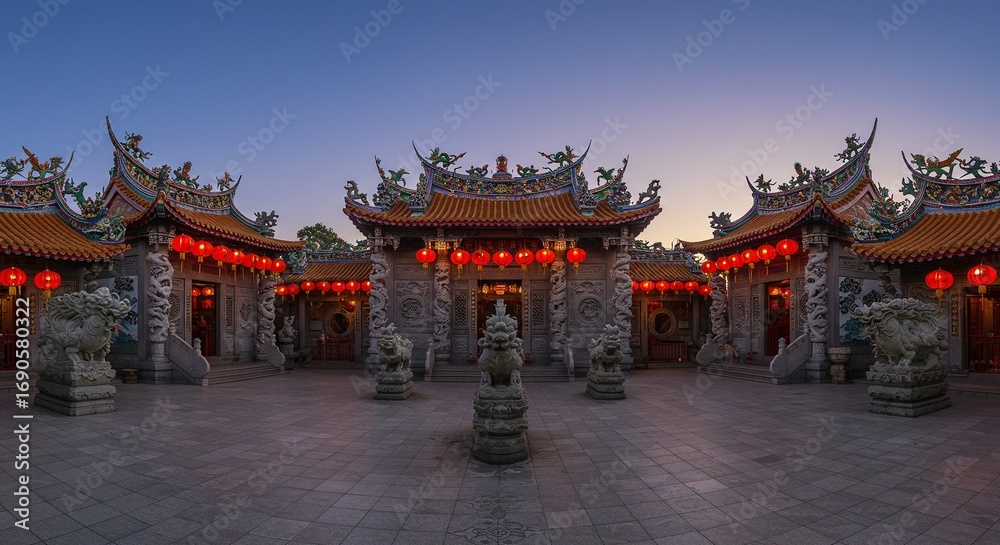 Fototapeta premium Traditional Chinese Temple Courtyard with Lanterns and Guardian Lions at Dusk