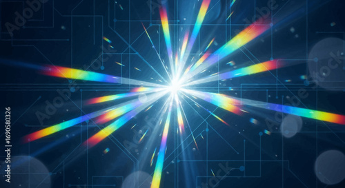 Bright light emanating outwards with rainbow-colored beams, creating a vibrant and dynamic visual effect.
