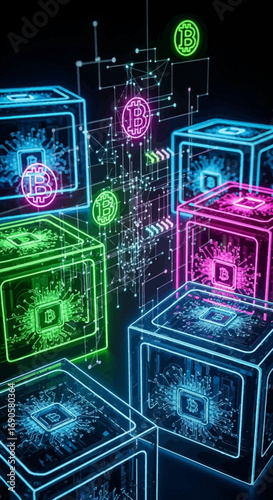 Futuristic digital network of interconnected glowing cubes representing blockchain and cryptocurrency.