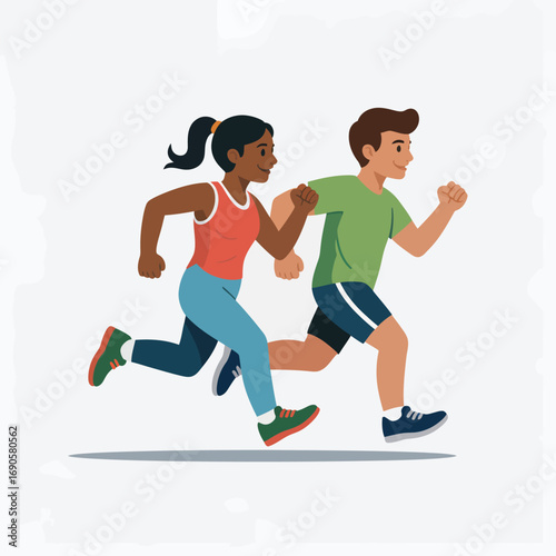 Diverse couple running together in athletic wear on white background jogging fitness