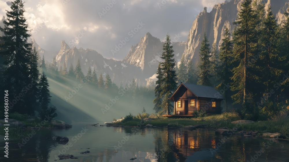 Fototapeta premium A rustic log cabin illuminated by warm light, situated by a tranquil lake with dramatic sunbeams breaking through clouds over mountains