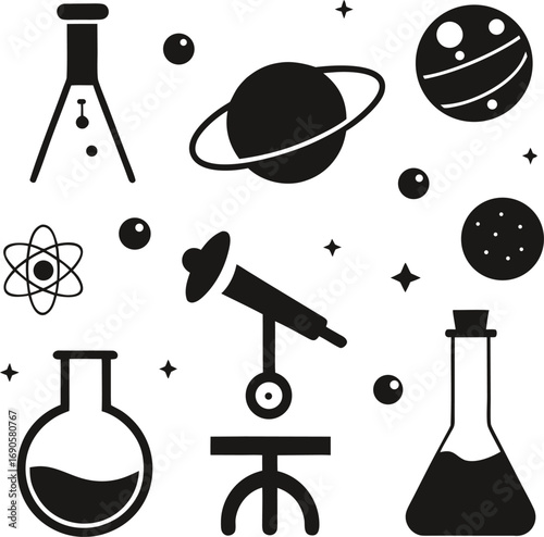 Collection of science and astronomy icons including planets telescope and beakers silhouette isolated on white background isolated on transparent background