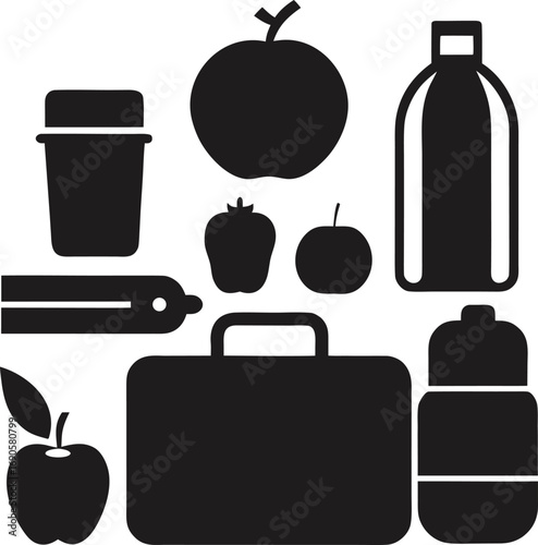 Collection of assorted food and drink items in silhouette isolated on white background isolated on transparent background