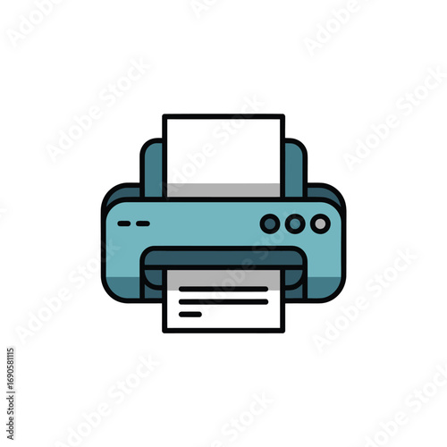 Flat icon of a teal printer with three colored buttons on white background paper