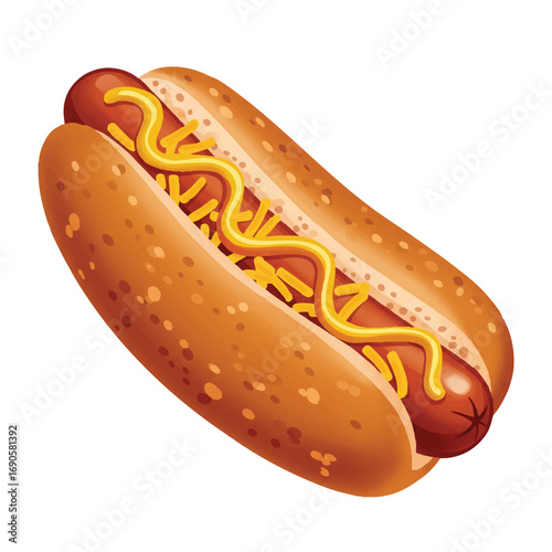 A bold 2D flat vector illustration of an appetizing hotdog, topped with wavy spicy brown mustard and scattered shredded cheese, diagonally presented on a pristine white background.