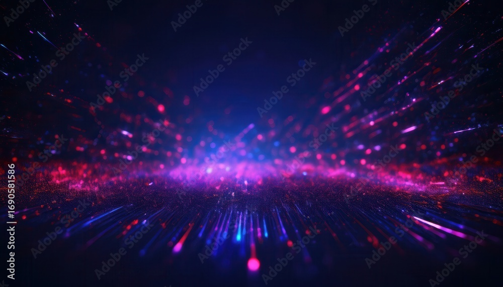 Fototapeta premium glowing neon particle wave with vibrant pink and blue light trails on dark futuristic background for wallpaper or banner design