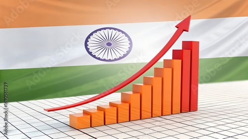 India Rising – Orange Bar Graph with Red Upward Arrow over Indian Flag, Economic Growth, National Progress, Business Metrics, Financial Success, Data Visualization, Strategy