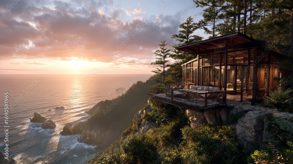 Fototapeta premium Cozy cabin perched on a cliff overlooking the ocean at sunset