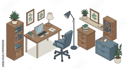 Cozy isometric home office with desk, books, and plants