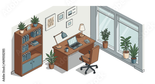 Cozy isometric home office with desk, bookshelves, and indoor plants in a minimalist setting