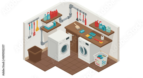 Modern laundry room with appliances and cleaning supplies in isometric design