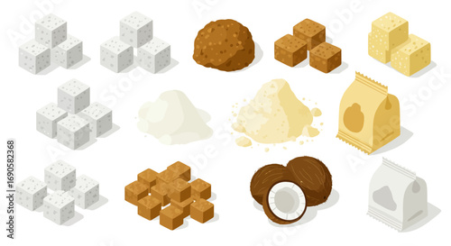 Various sugar types and alternatives: isometric pack of cubes, powders, and natural options