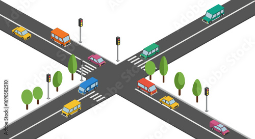 Urban street intersection isometric view with colorful cars and traffic lights