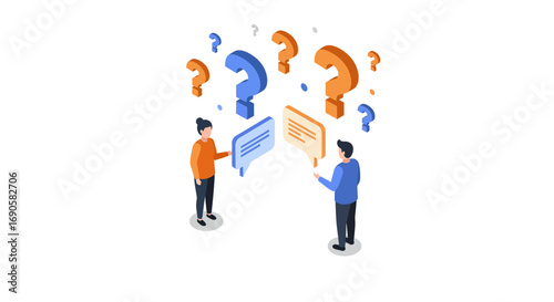 Isometric discussion with question marks and speech bubbles