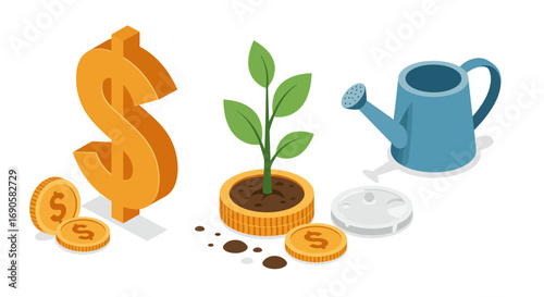 Isometric growth: plant, coins, and watering can in financial success concept