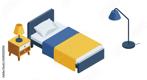 Modern isometric bedroom with cozy bed, nightstand, and floor lamp