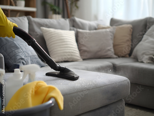 Vacuum Cleaning Grey Sofa in Bright Living Room Interior