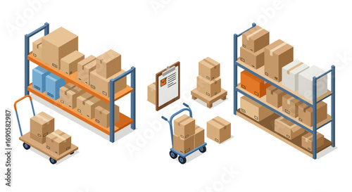 Isometric warehouse storage shelves with boxes, cart, and clipboard