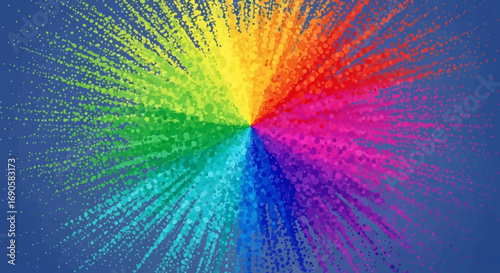 Colorful radial burst of paint splatter, vibrant spectrum of colors radiating outwards.