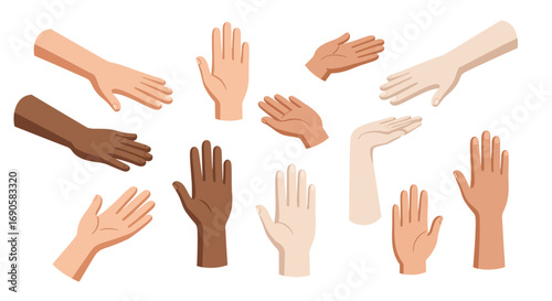 Diverse collection of human hands in flat style with various skin tones