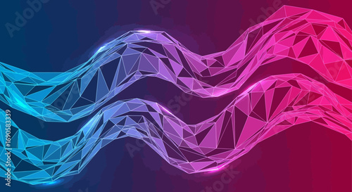 Abstract wavy lines, low-poly, blue and pink gradient.