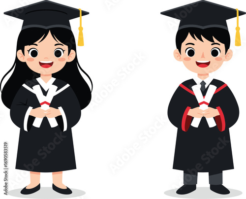 Cartoon graduation characters, male and female, academic celebration, diploma holding students, black gown, vector illustration, education success, happy graduates