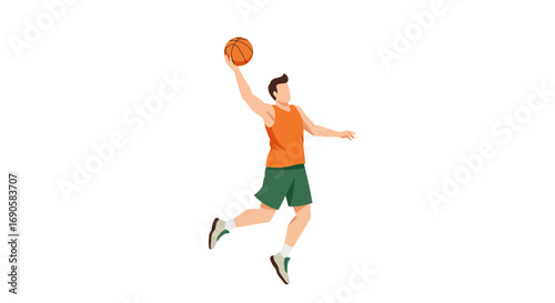 Dynamic basketball player jumping with ball on white background