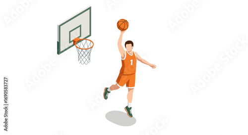Basketball player performing slam dunk in isometric style with hoop