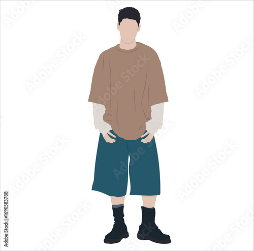 Casual Male in Brown Oversized T-Shirt and Blue Shorts