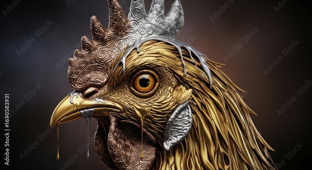 Fototapeta premium Metallic Chicken with Intricate Details, Golden Bird Portrait
