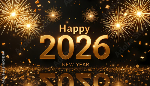 Happy 2026 New Year Fireworks Celebration Poster Golden Text with Sparkles, Confetti, and Glitter on Dark Background Festive Holiday Greeting Design for Seasonal Announcements