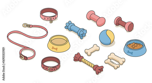 Colorful pet accessories collection: collars, toys, and bowls
