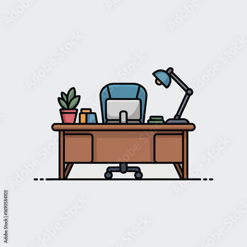 Office desk with computer, lamp, plant, and chair on white background workspace monitor
