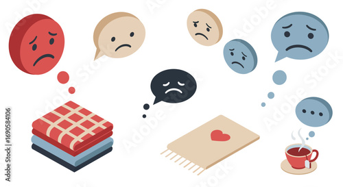Isometric sadness emojis with comforting blanket and coffee