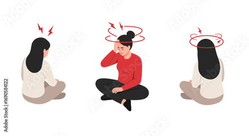 Woman experiencing headache set with dizziness and pain illustrations