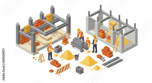 Isometric construction site with workers and building materials in progress