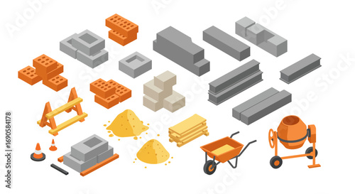 Isometric construction materials set featuring bricks, beams, and equipment