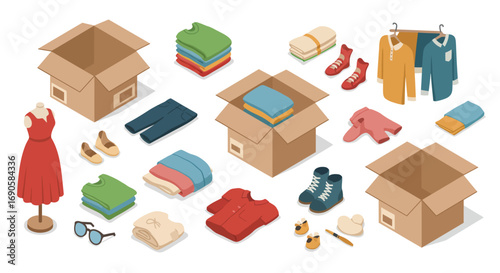 Organized isometric clothing and packing boxes for moving day preparation