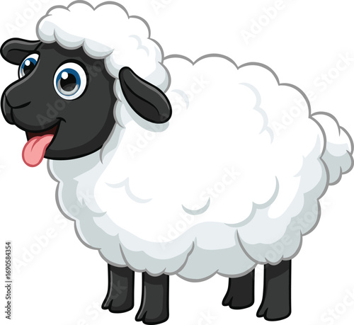 Cartoon sheep, fluffy wool, black face, cute farm animal, playful expression, kids illustration, smiling sheep, tongue out, friendly character, stylized livestock