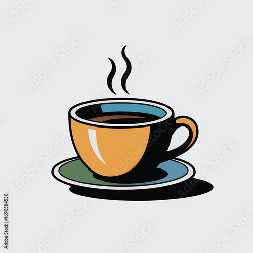 Orange and blue coffee cup with steam and shadow on white background saucer